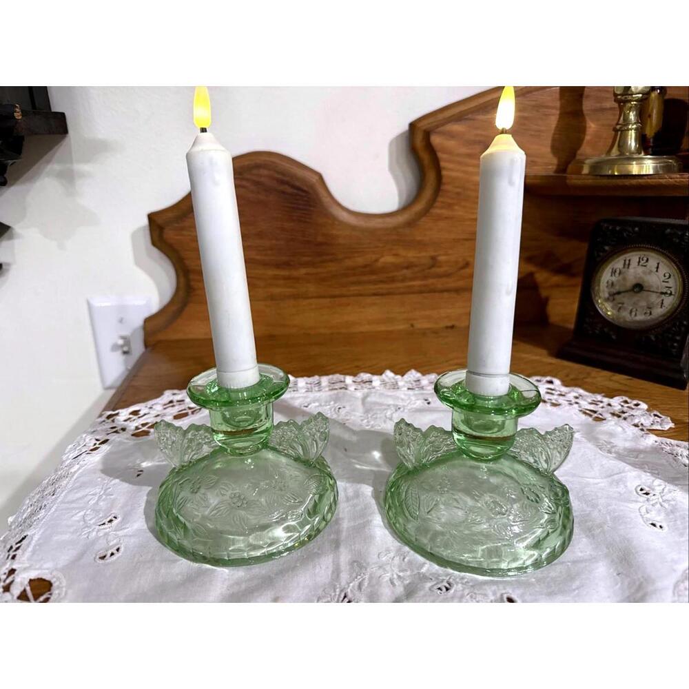 Antique Sowerby Art Deco Glass Butterfly Candlestick Set Green Cottage Whimsical